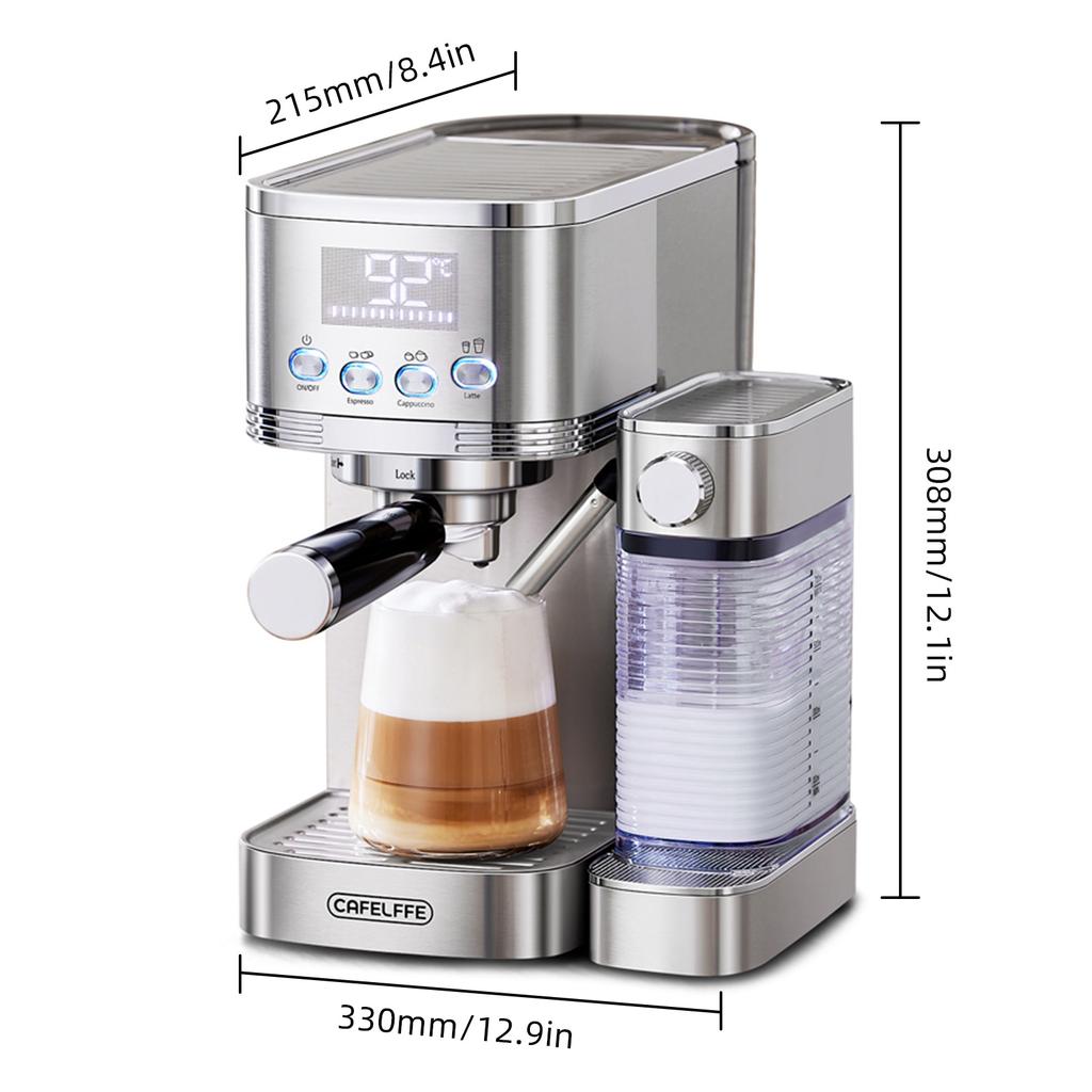 Electric Coffee Machine with Milk Frothing System 3 Temperature Adjustable 20Bar Pre-brew Coffee
