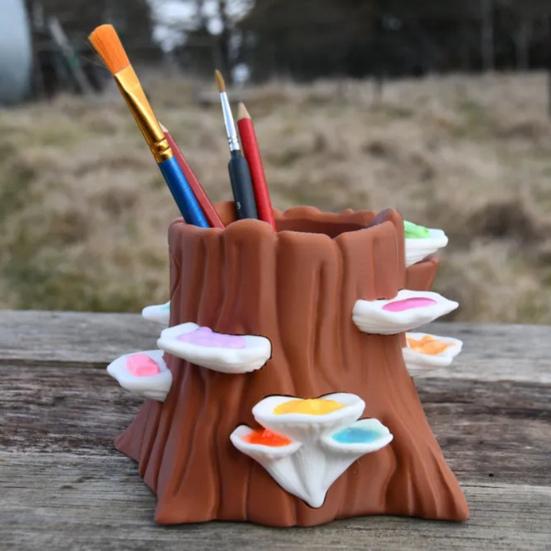 Tree Stump Palette Paint Brush Holder 3D Printed Stump Painting Brush Organizer with 12 Paint Wells Home Office Desktop Decoration