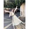 Seaside vacation style suit temperament waist suspender dress women's summer knitted hollow cardigan top two-piece set