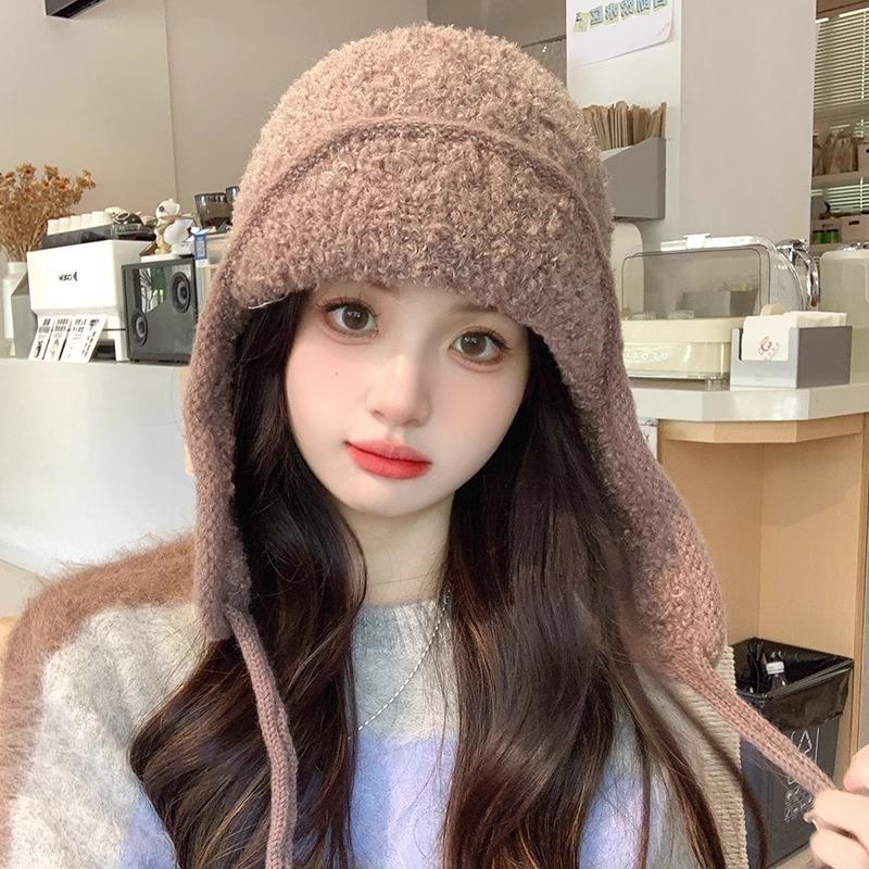 Solid Color Winter Warm Knitted Beanies Women Warm Woolen Japanese Hat Pile Caps Ear Protection Tie Pullover Hat Bomber Hats
