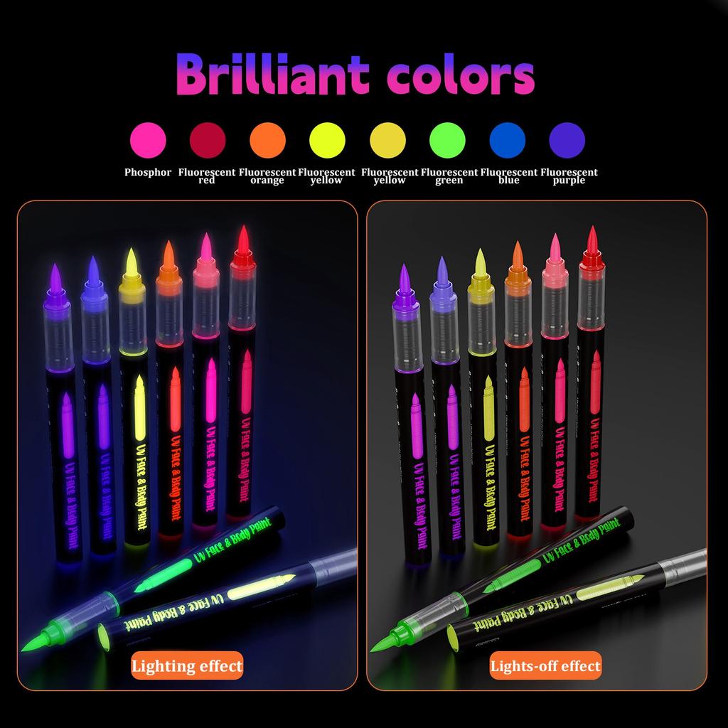 Direct Liquid Paint Pens Human Body Fluorescent Paint Pen Set 8 Colors Party DIY Paint Pens,8ml