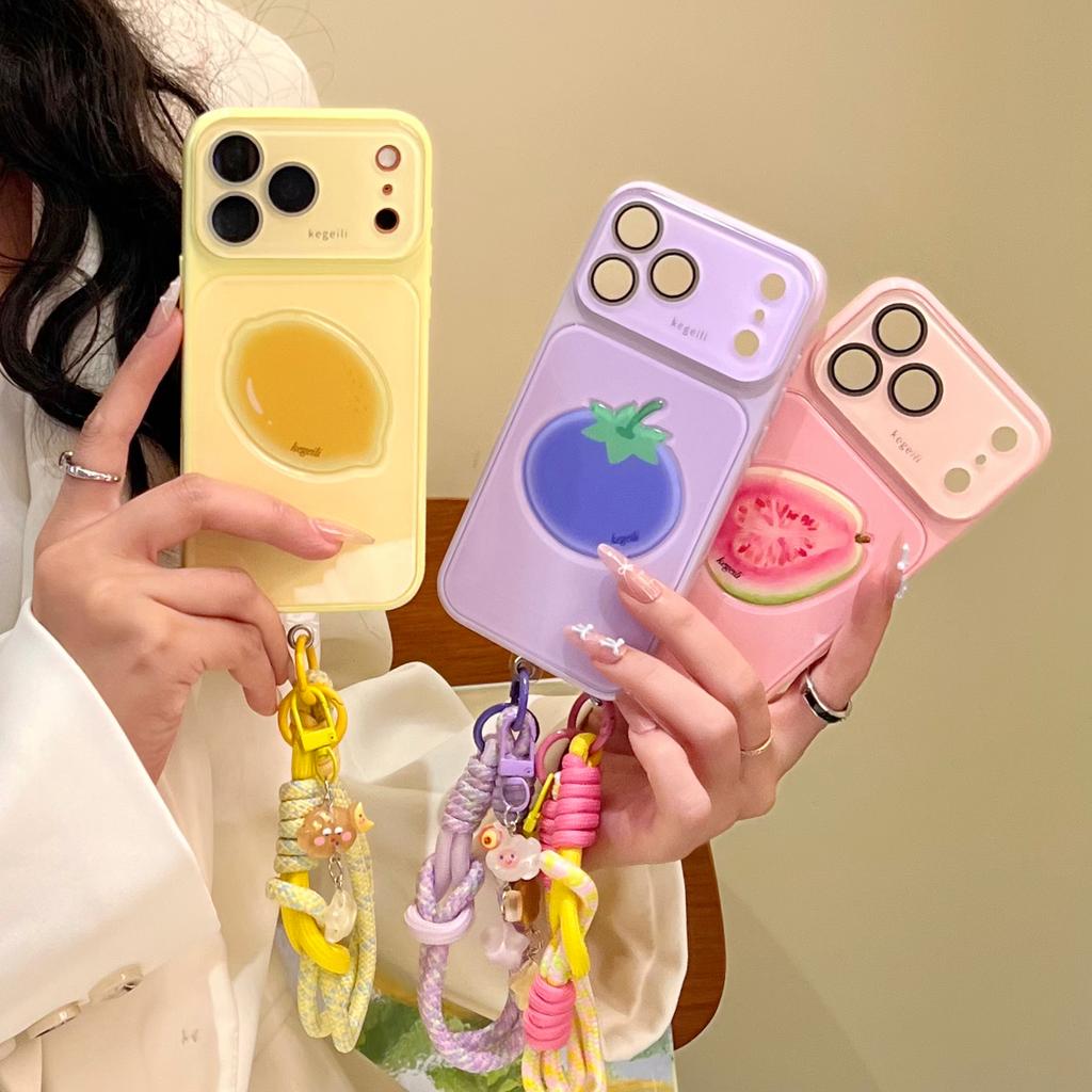 Cute Fruit Pattern Phone Case for iPhone 17 Pro Max 16 15 14 13 12 with Wrist Strap Shockproof Protective Comfortable Grip Cover