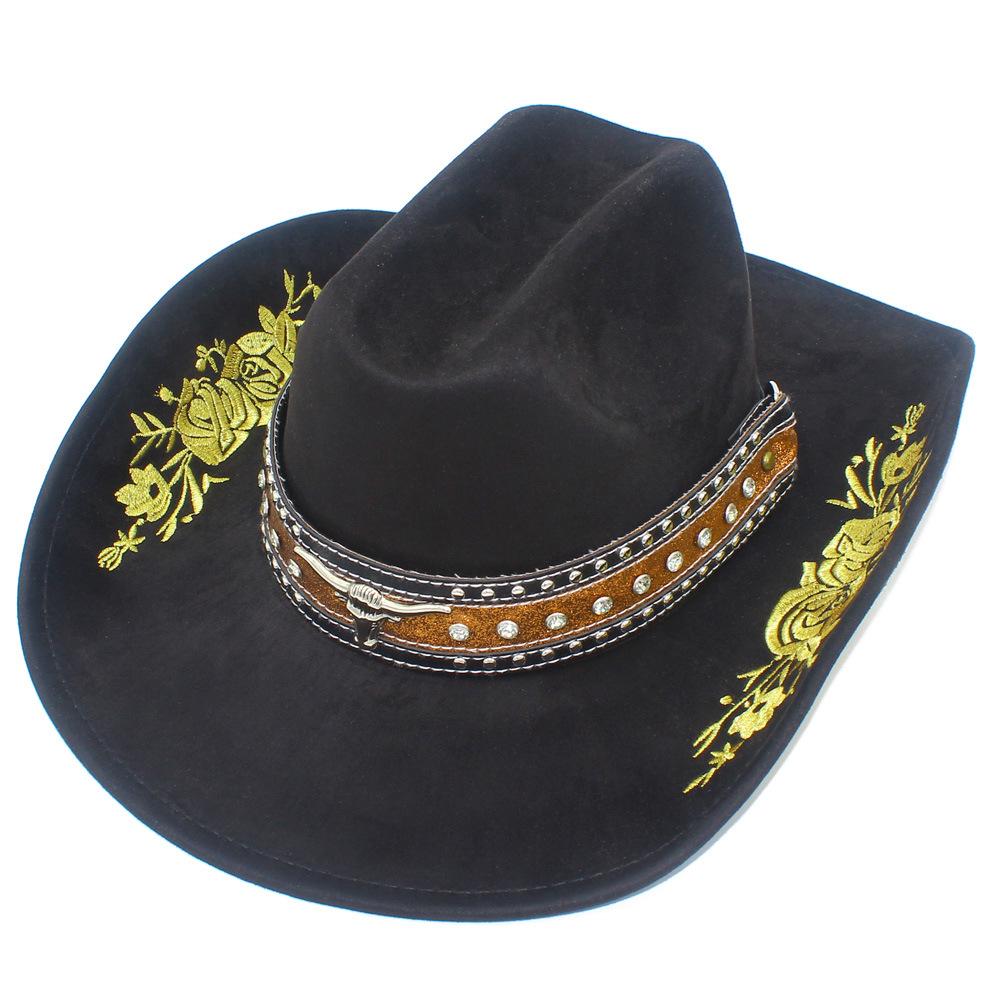 Fashion Embroidered Suede Western Cowboy Hat Personalized Big Eaves Bullhead Accessories Knight Hat Versatile Bent Edge Top Hat