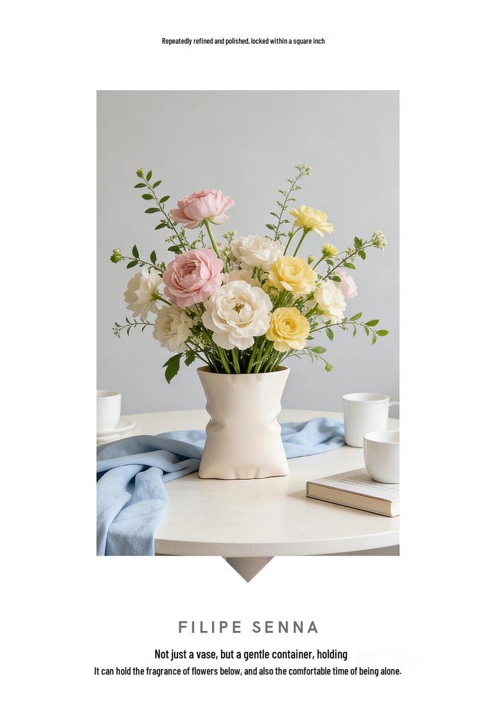 Elegant French Cream Ceramic Vase for Flowers, Light Luxury Home Decor Ornament