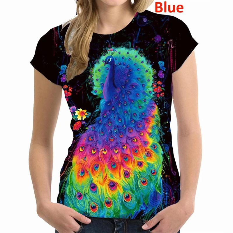 Peacock Pattern T-Shirt For Women Colorful Animal 3D Printed T Shirts Summer Casual Loose Tees Short Sleeves Round Neck Tops