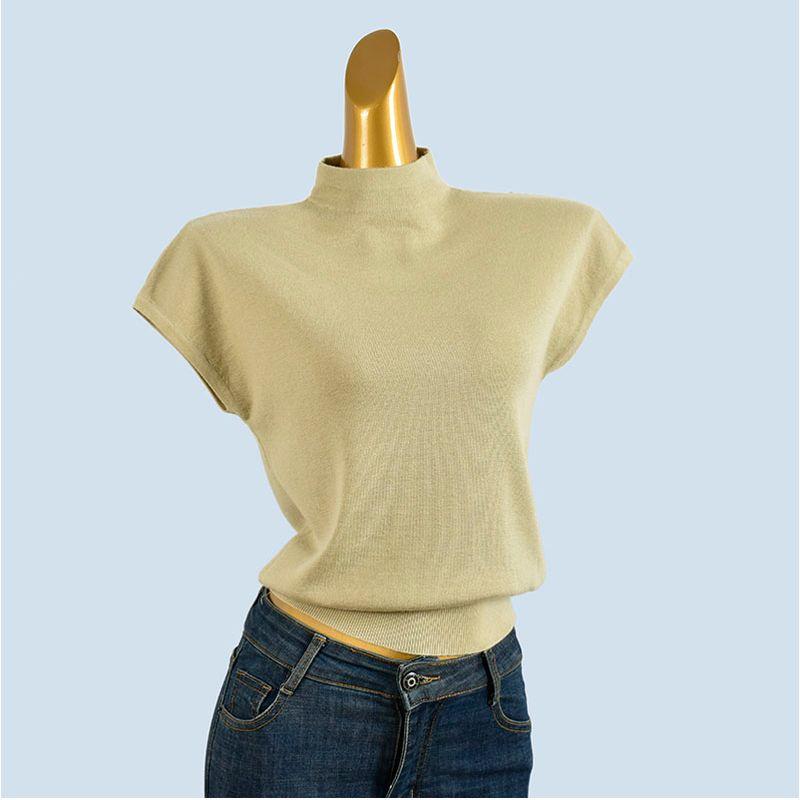 Fleece Blended Spring and Autumn New Elegant Half-high Collar Versatile Short Sleeve Knit T-shirt Women Inner Wear Slimming Base Top