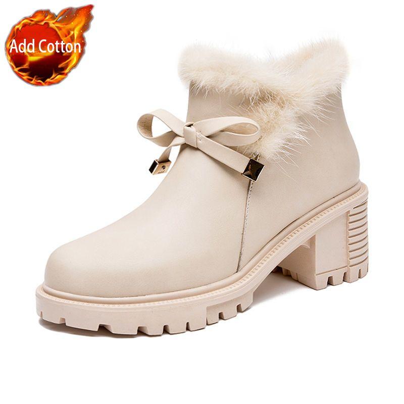 

Fashion Leather Plush Round Toe Bow High Heels Snow Boots for Women New Rock Padded Ankle Goth Autumn Winter 2025 Novelty in Woman Shoes 40