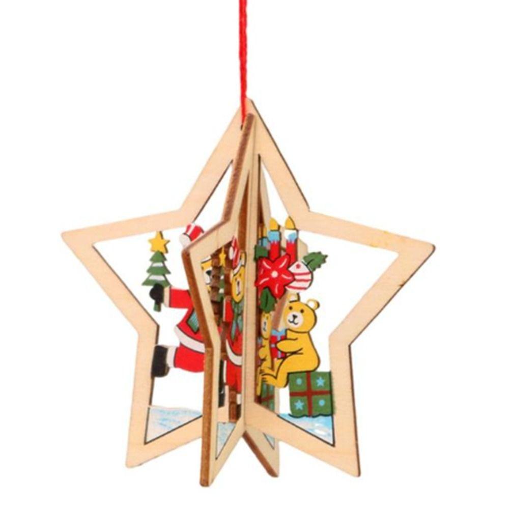 Colorful 2D/3D Christmas Wooden Ornaments Pentagram Snowflake Merry Christmas Wooden Pendant Snowman Hollow New Year