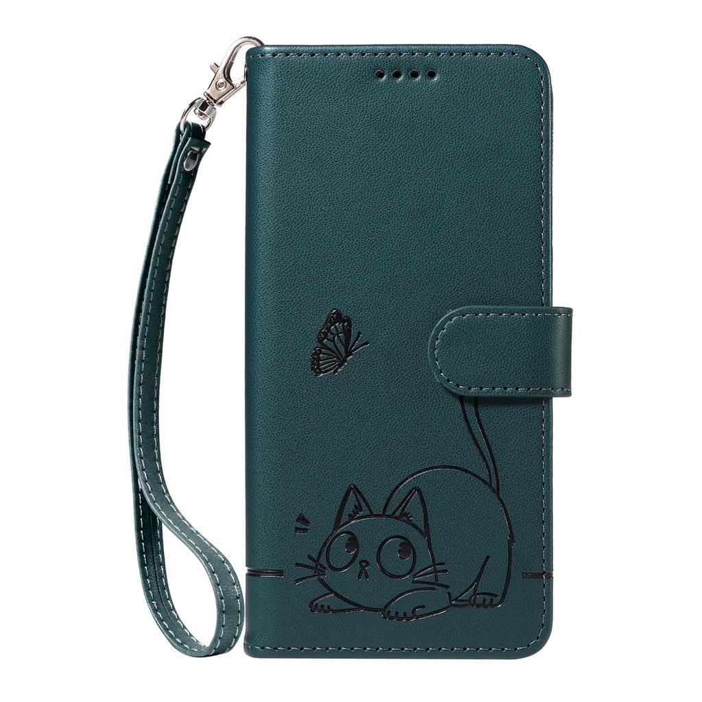 Leather Wallet Flip Case For OPPO A57S A77 A15 A15S A16 A16S A54S A17 A96 4G 5G Cat and Butterfly Embossed,Wrist Strap