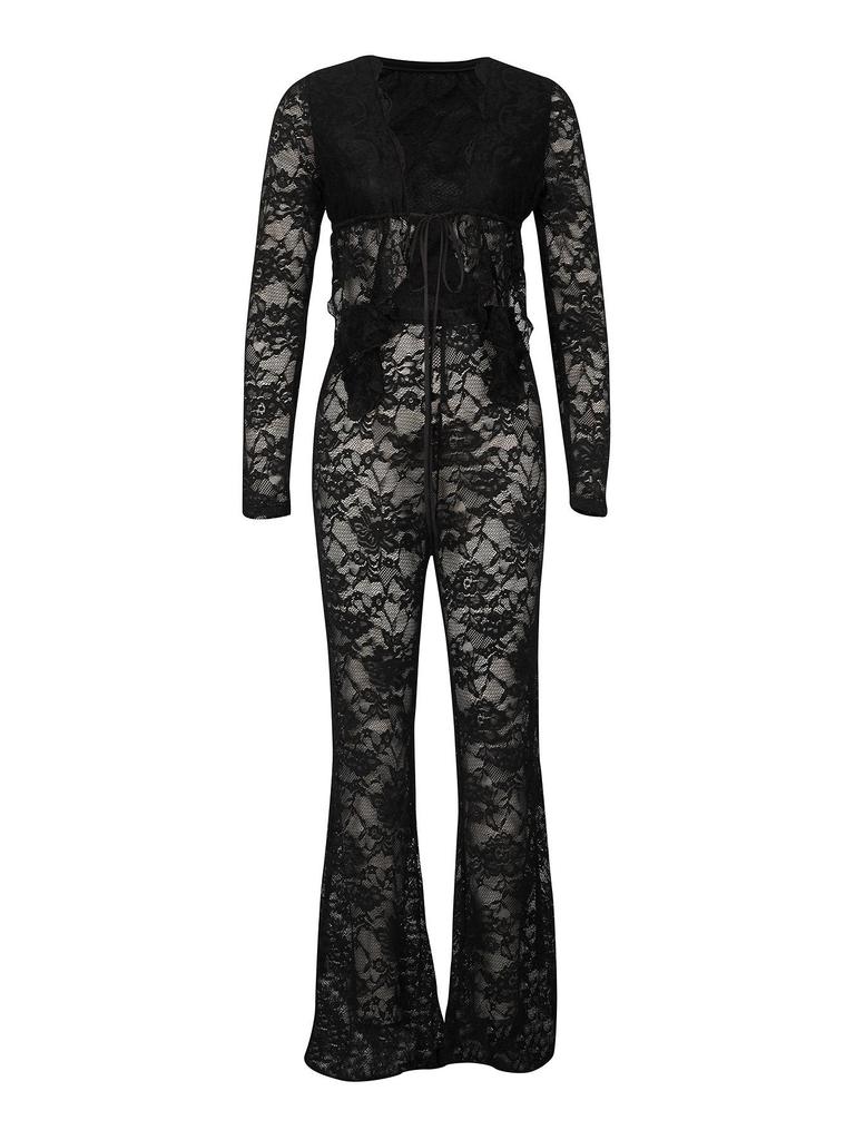AL311 Women's Sexy Lace Flocking See-through Two-piece Set for Nightclub & Party