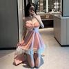 Sexy low-cut backless pure desire celebrity temperament color matching lace slim and thin suspender waist big swing dress women
