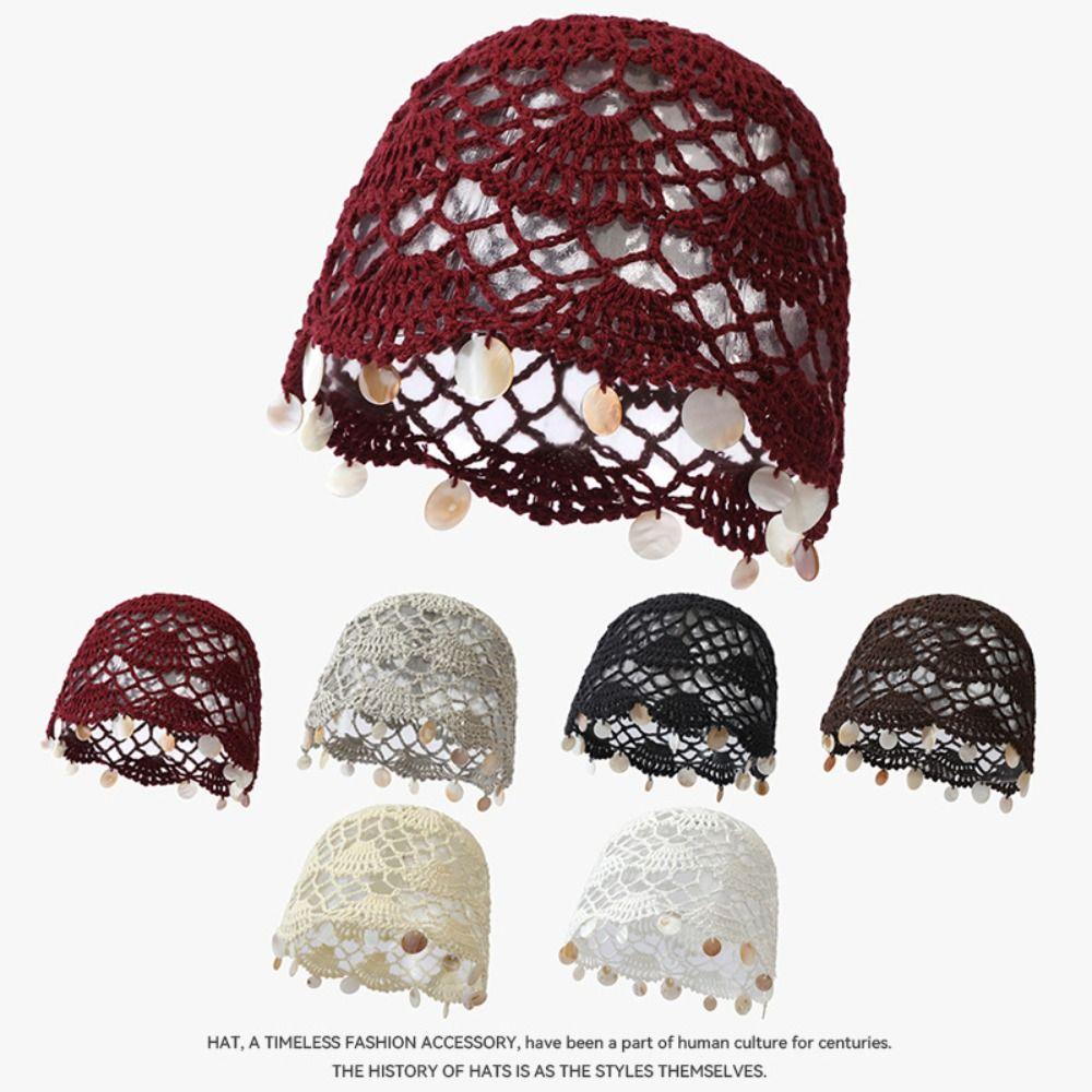 Solid Color Shell Tassels Hat Thin Bohemian Style Beanies Fashion Woven Pullover Cap Pullover Hat