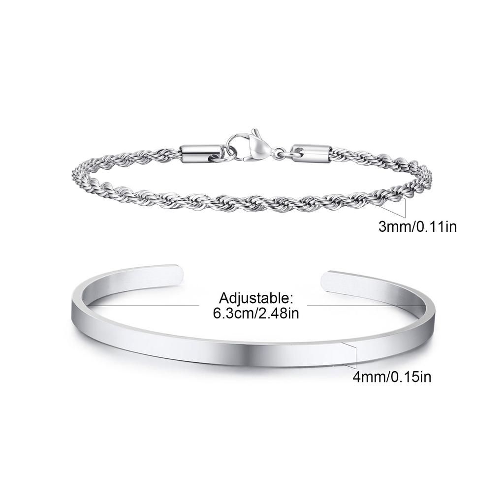 Men's 2pcs Set Simple Fashion Cuban Snake Link Chain Bracelet Stainless Steel Open Cuff Bangle Punk Hip Hop Jewelry Set Gifts
