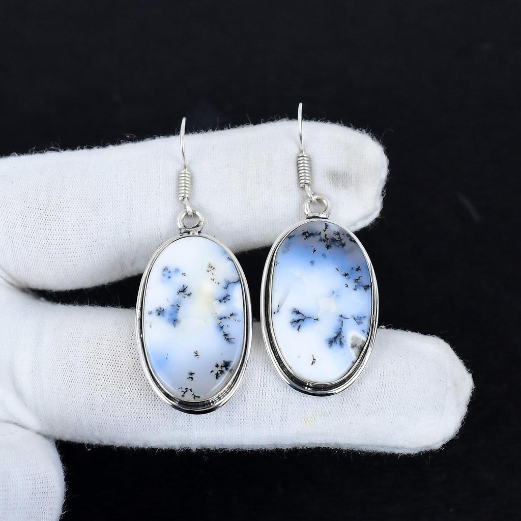 Natürlicher Dendrit Opal Edelstein Antike Ohrringe 925 Sterling Silber Ohrringe, Boho Silber Schmuck Ohrhänger, Geschenke für Party Wear Geschenke für Sie