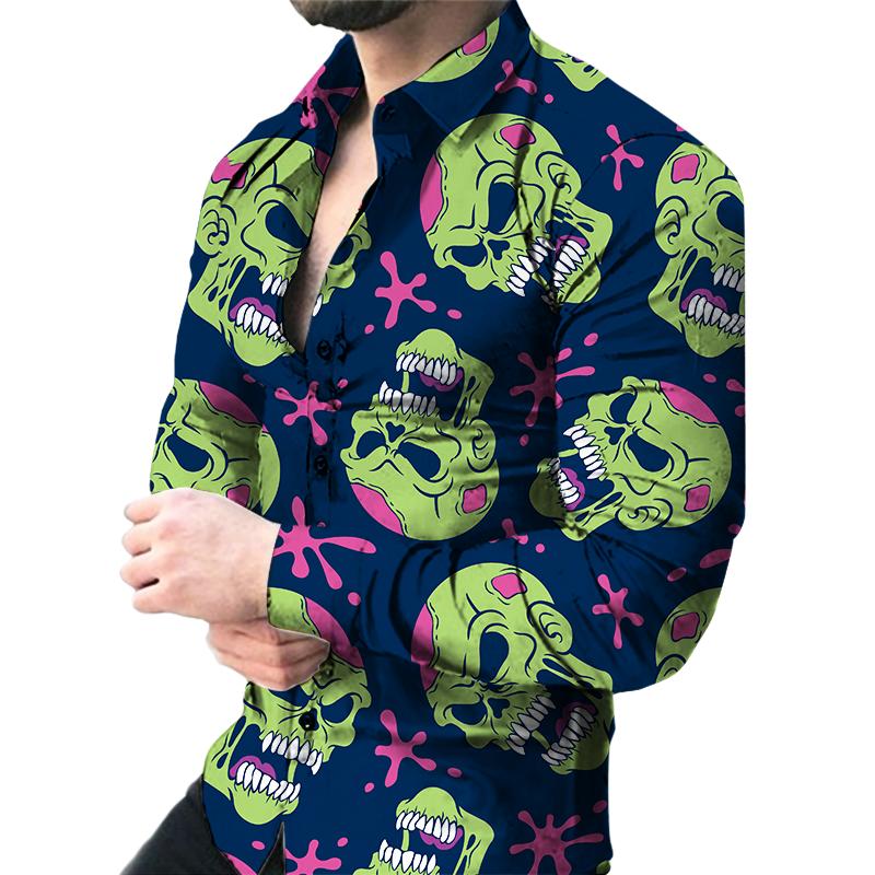 

3D Skull Print Men s Long-sleeved Stretch Shirt Vacation Party Shirt S синий