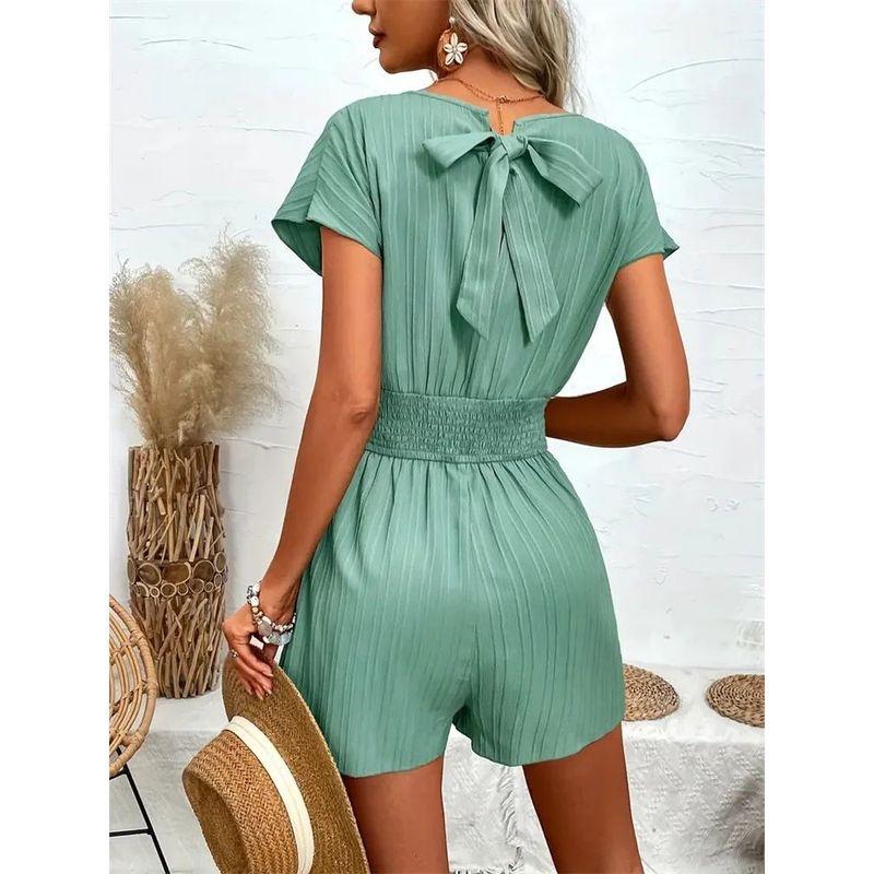 V-neck Casual Waist Cinched Jumpsuit V-neck Casual Loose Waist-Tight One-Piece Shorts