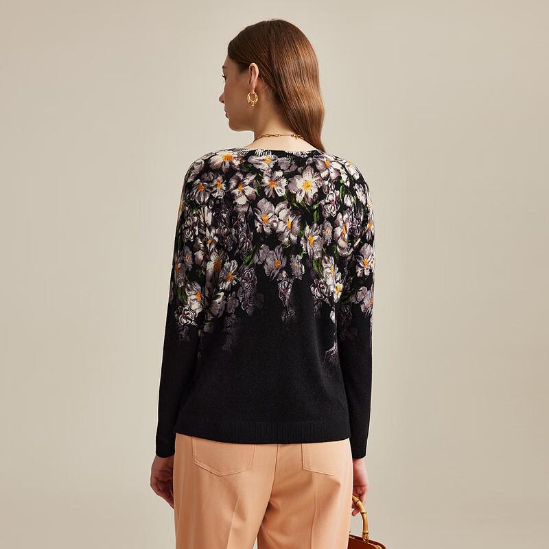 Women's Fine Wool Floral Print Round Neck Cardigan