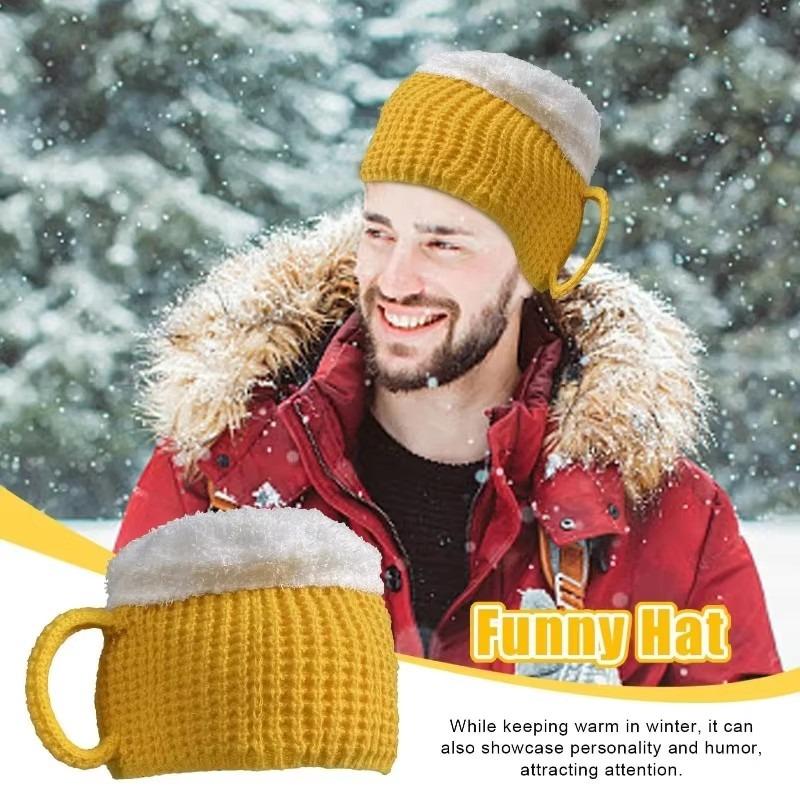 Winter Warm Hat Beer Cup Hats Beanie Unisex Hairline Cap Beer Lovers Ear Warmers for Women Men New Year Presents Fun Gift