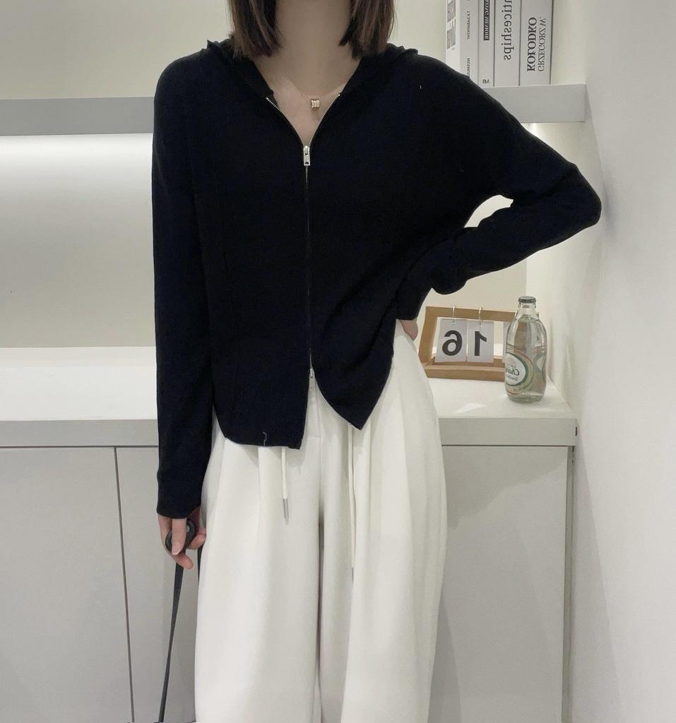 2024 Women's Ultra-Fine Wool Hooded Knit Cardigan Jacket with Double Zipper, European Style