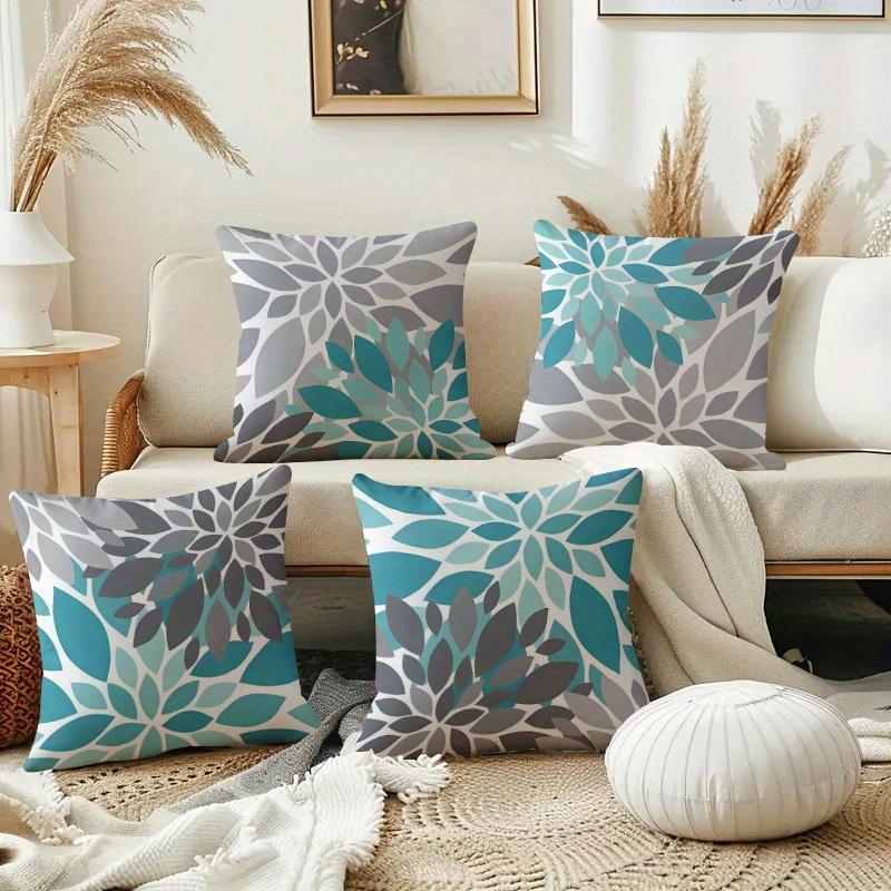 4-piece Blue-Gray Geometric Floral Print Pillowcases, Soft and Durable Polyester Fabric with Zipper Closure, Suitable for Sofa