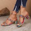 2025 Summer Square Toe Open Toe Women Rhinestone Pattern Comfortable Versatile Round Heel Shoes Fashion Outside Flip-Flops