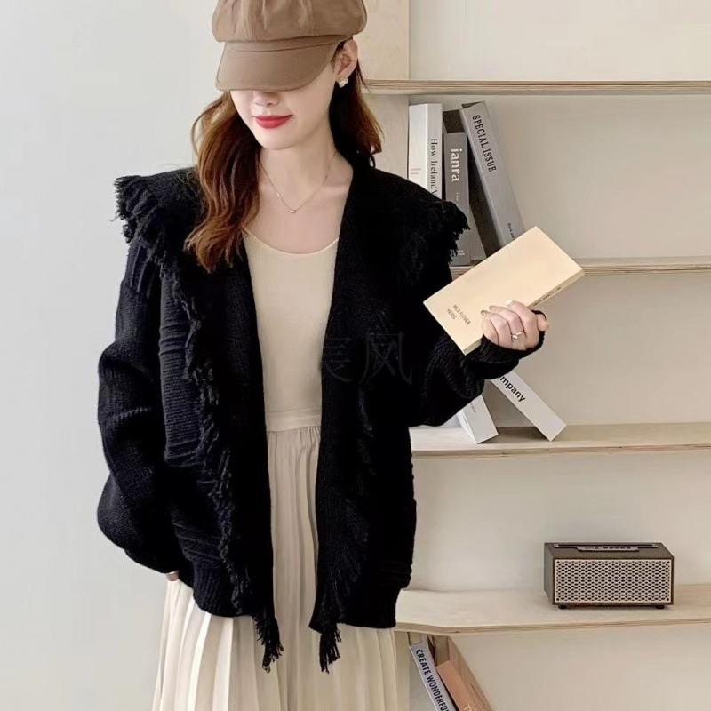 Design Sense Navy Collar Fringed Cape Thickened Sweater Cardigan Women's Autumn and Winter Loose Lazy Style Thin Knitted Jacket
