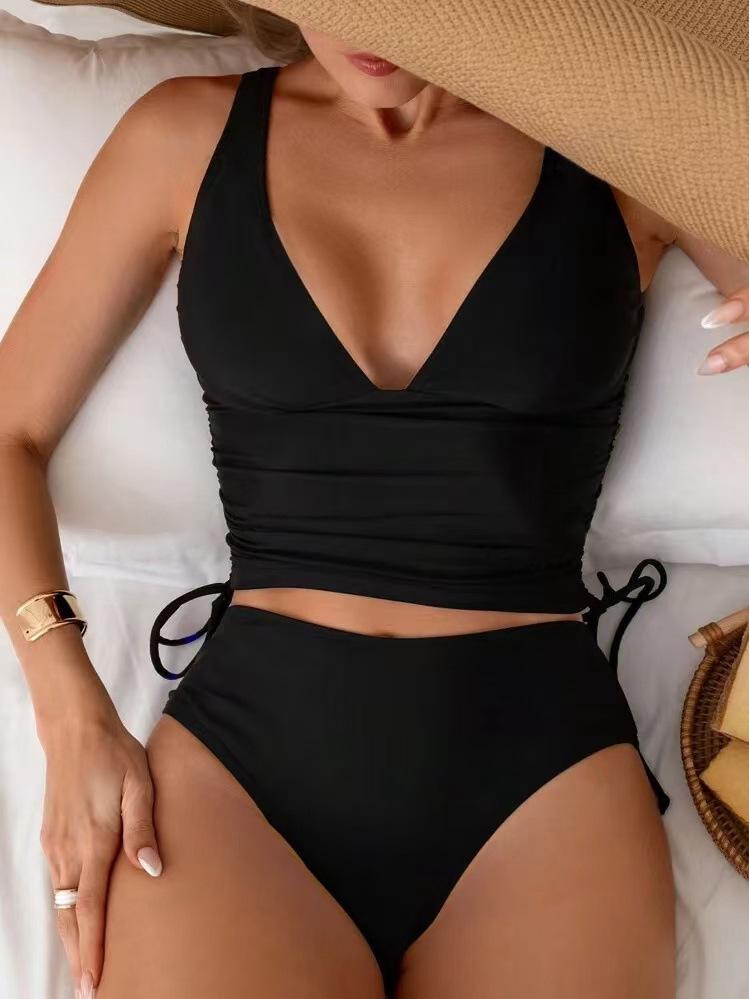 

Женский купальник-комплект 2025 европейского и американского стиля с открытой спиной, на шнуровке, шортики-бойлеги Extra Large чёрный