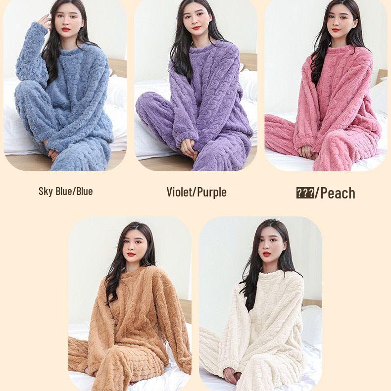 Women's Solid Color Jacquard Coral Fleece Warm Set - Casual Home & Outdoor Pajamas for Autumn/Winter