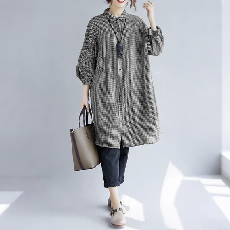 ZANZEA Women Grid Print Casual Turn Down Collar 3/4 Sleeve Blouse