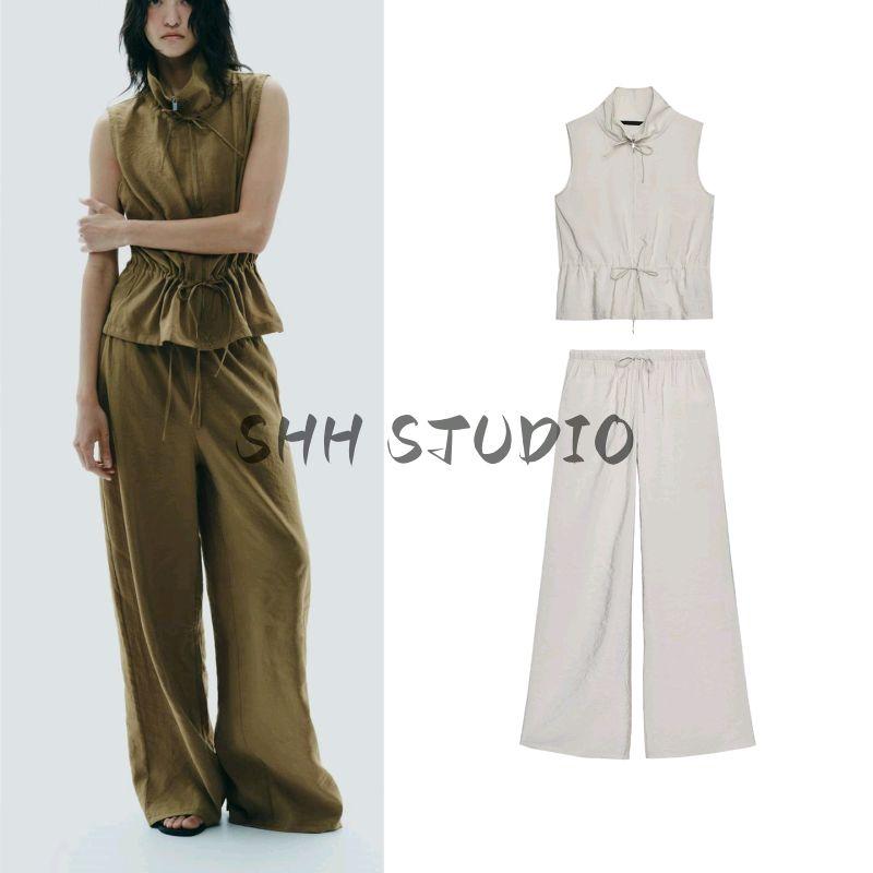 Summer Women's Stand Collar Sleeveless Adjustable Drape Vest 5427716 Drape Mid Waist Loose Pants 1255515