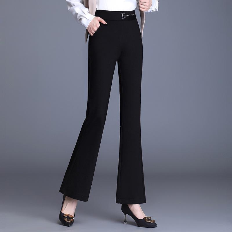 Women's Black Micro-Flare High-Waisted Elastic Pants, Slim Fit, Plus Size, Casual Spring/Autumn 2025.