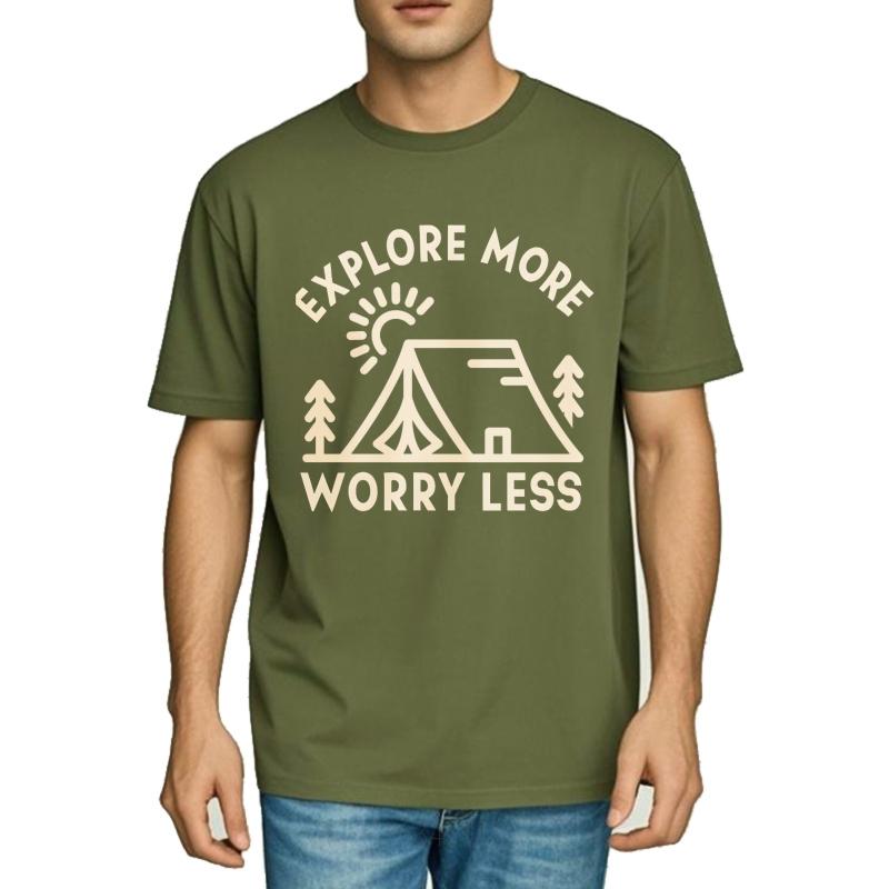 

Casual Tee Solid Color Teeshirt O Neck tshirt Explore More Worry Less Tent Sun Trees Retro For man Tee shirt Essential Tee 4XL