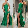 Women Evening Dress Slant Neck Off Shoulder Split Hem Skinny Backless Sleeveless