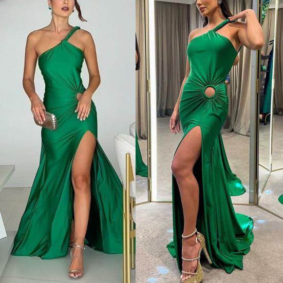 Women Evening Dress Slant Neck Off Shoulder Split Hem Skinny Backless Sleeveless