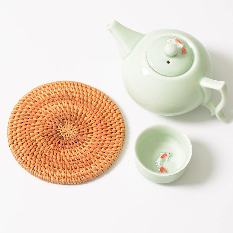 6PCS Cup Mat with Storage Basket Durable Handmade Rattan Coasters Non-Slip Heat Resistant Tea Coffee Mug Holder for Table Decor
