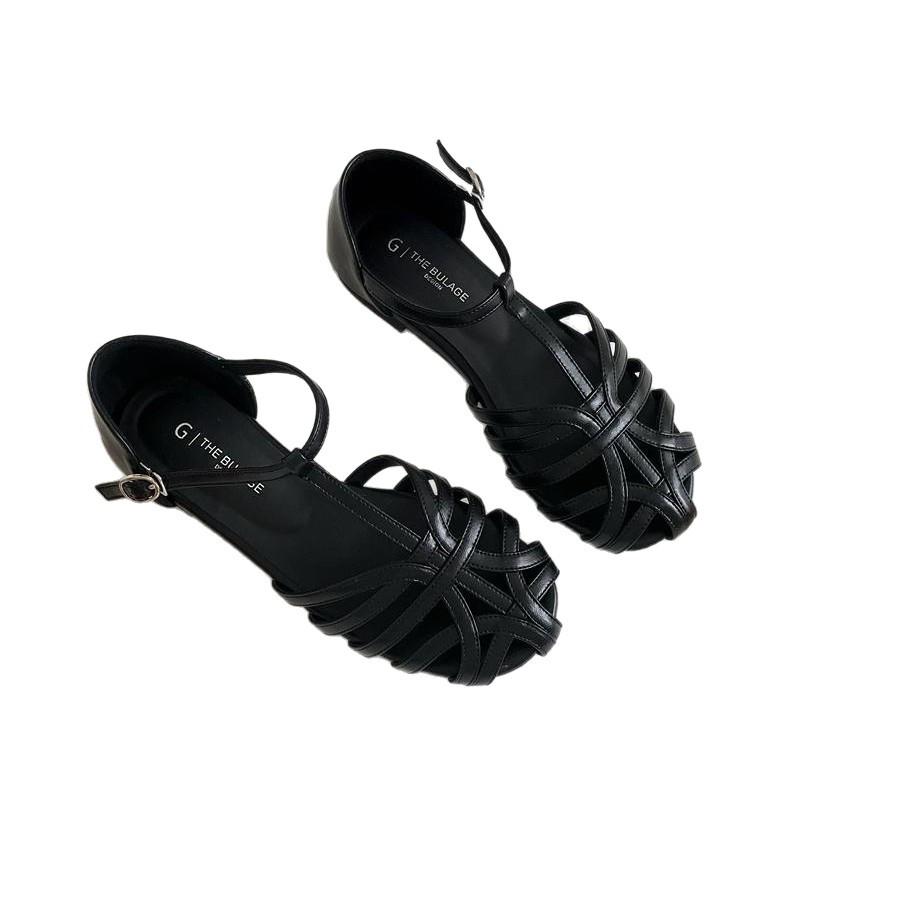 Mori women's woven hollow flat-bottomed bag head sandals women's summer new bohemian one-word strap Roman shoes genuine leather