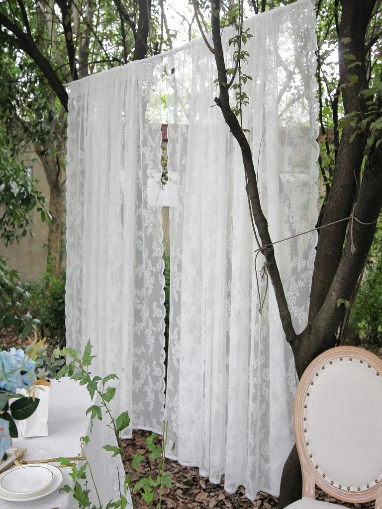 White French Lace Semi Transparent Rod Curtains Suitable For Filtering Light In Living Room Windows, One Piece Set