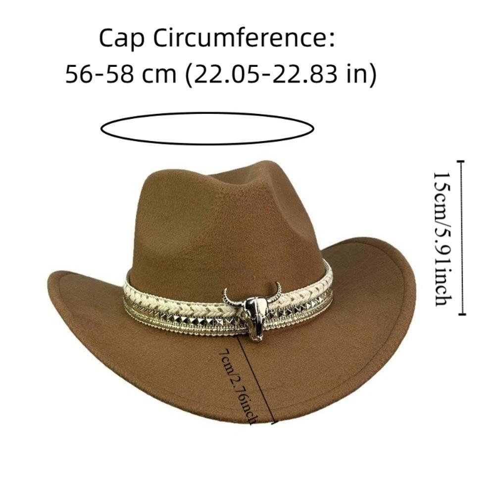 Wide Brim Western Cowboy Cap Woolen Breathable Sun Protection Knight Hat Ethnic Style Alloy Bull Head Cowgirls Visor Cap Women