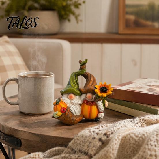 Decorative Crafts for Fall Gnome Ornament, Resin Autumn Harvest Figurines with Pumpkin And Collectible Couple Sunflower Decor Thanksgiving Halloween,