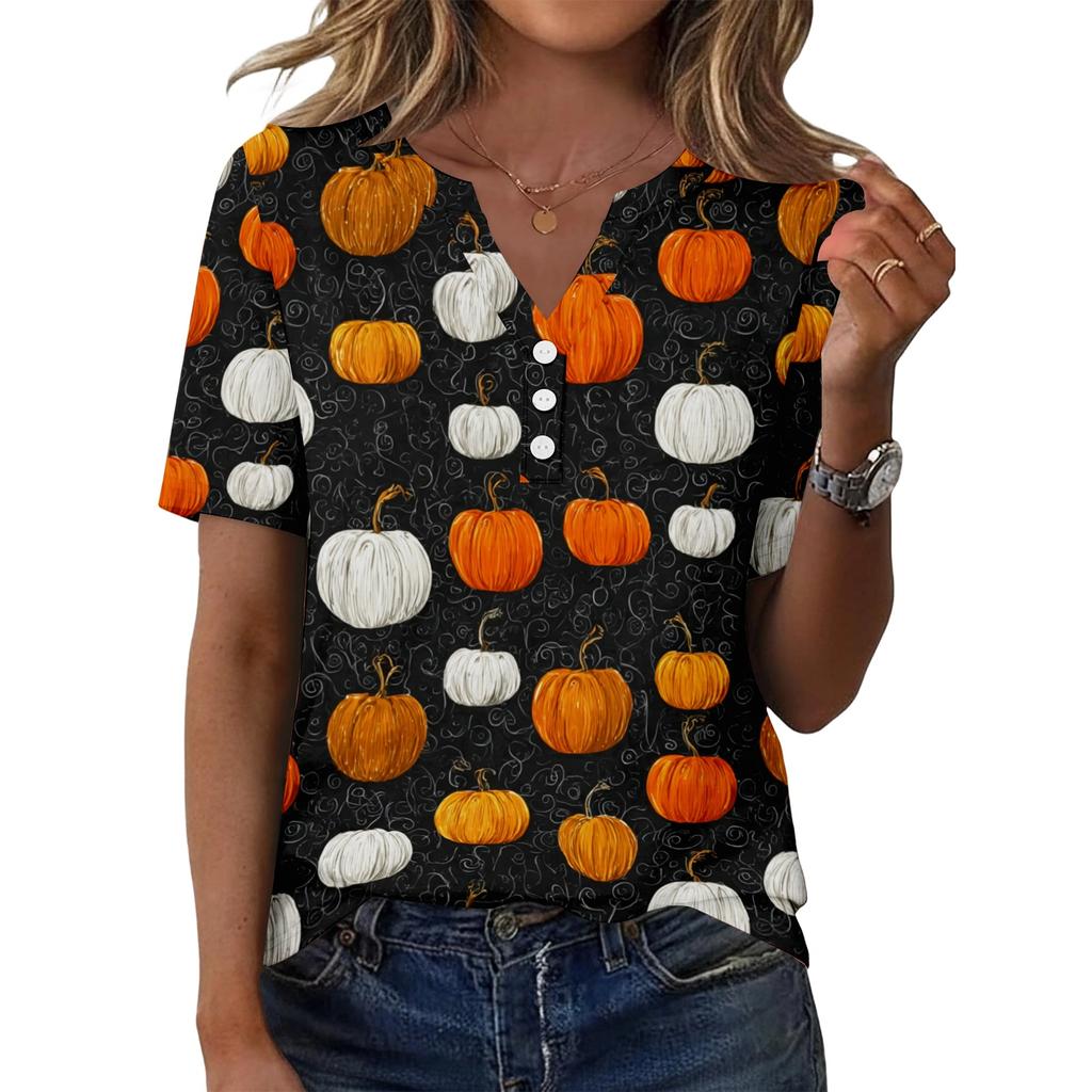Women V Neck Short Sleeve T Shirt with Decorative Buttons Halloween Pumpkin Printed Casual Loose Fit Top for Daily Wear