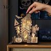 Wooden Castle Figurine 3D Halloween Village Haunted House Figurine, Spooky Light Up Ornament Desktop Retro with Ghost Pumpkin Bat for Home Party Table