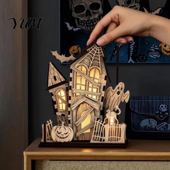 Wooden Castle Figurine 3D Halloween Village Haunted House Figurine, Spooky Light Up Ornament Desktop Retro with Ghost Pumpkin Bat for Home Party Table