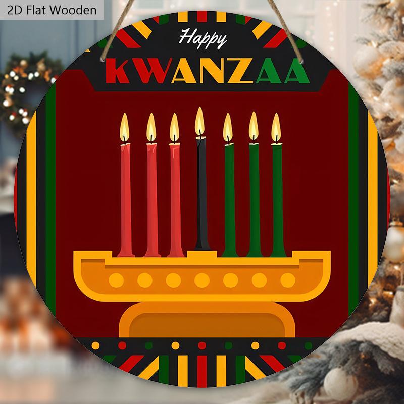 Happy Kwanzaa African American Festivals Wooden Sign - Classic Round Sign for Front Door, Wall Hanging Decor - Ideal Kwanzaa Decoration
