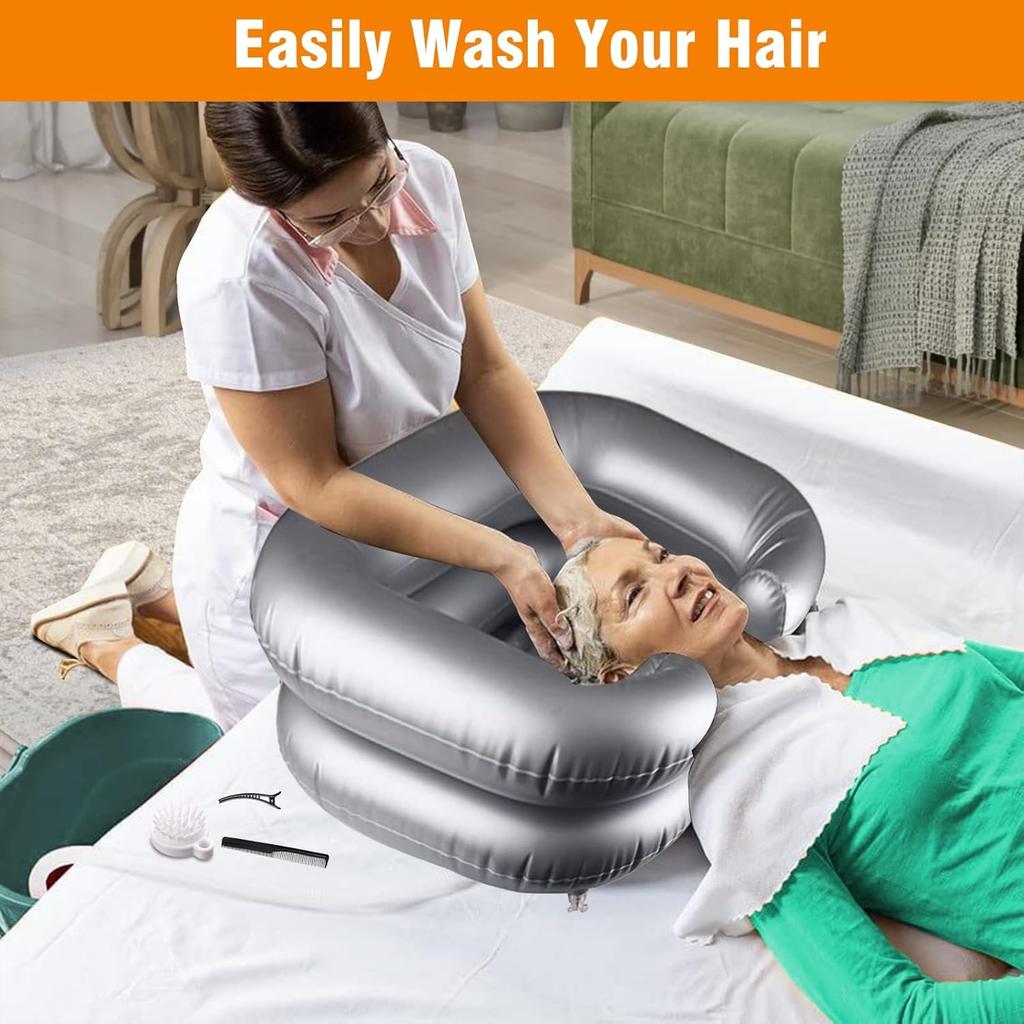 Disabled Hair Washing Aids with Drainage Tube & Built-In Pillow, Foldable Inflatable Hair Wash Basin, Portable Home Shampoo Sink, Bedside Washing