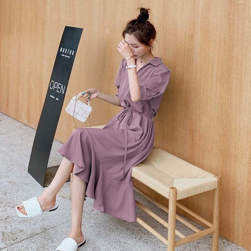 Shirt Chiffon Dress Summer Waist-Cinching Slimming Temperament Mature-Casual Style French Mid-Length Skirt Trendy