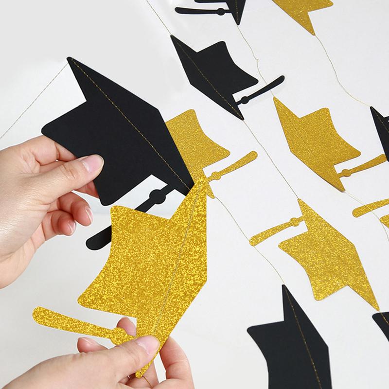 Black Gold Graduation Bachelor Hat Banner Paper Cap Garlands For School Celebrations 2023 Graduation Party Hanging Decorations