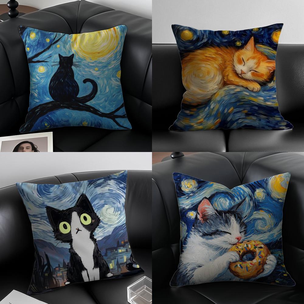 Van Gogh Starry Sky Kawaii Cat Cushion Cover Pillow Case Anti-Dustmite Invisible Zipper Silky Plush Cushion