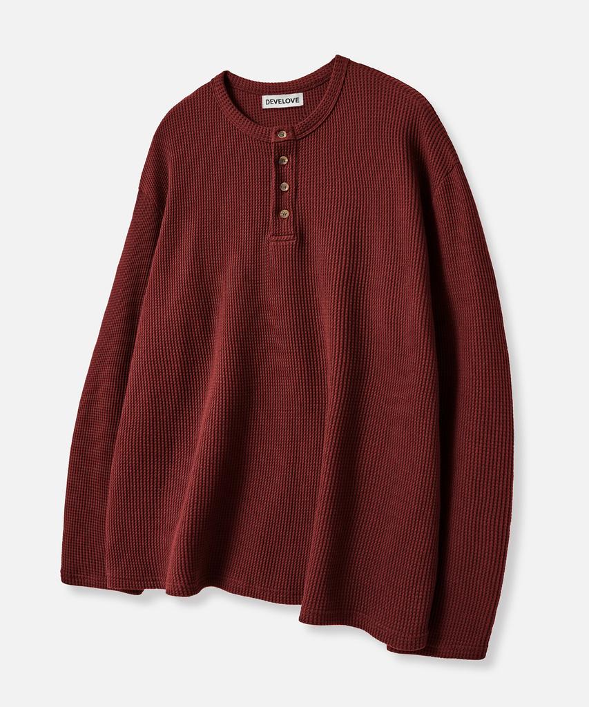 Dibellobeu Basic Henley Neck Waffle Long Sleeve_Burgundy