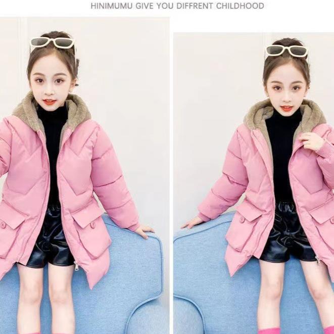 Girls Hooded Plus Velvet Thicken Outerwear Winter Warm Coats Parkas Jacket Cute Solid Down Jackets Kids Casual Clothes