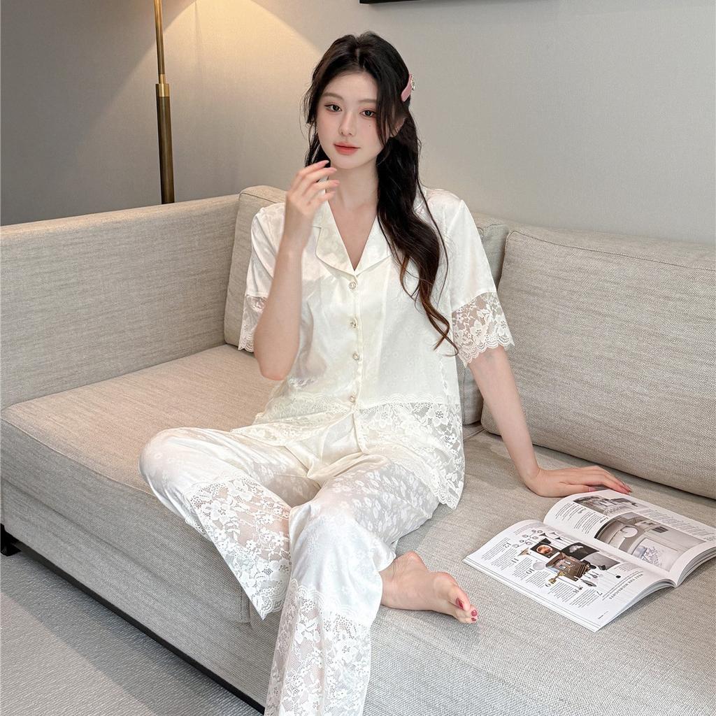 Pajamas women's ice silk summer new sexy lace splicing trousers short-sleeved two-piece set ice and snow silk loungewear set